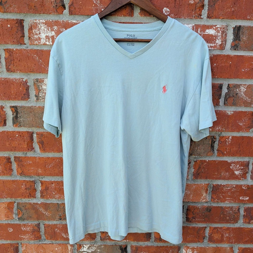 Polo Ralph Lauren T-Shirt Mens Medium‎ Light Blue V-Neck Short Sleeve Pony Logo
